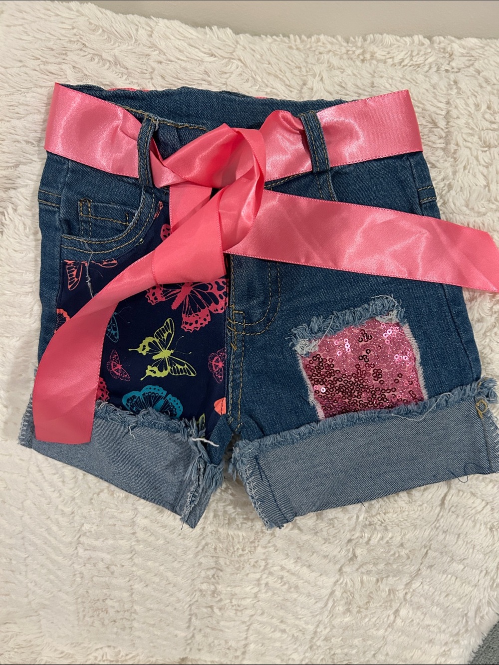 Girls Denim Shorts with Pink Satin Ribbon and Butterfly Accent